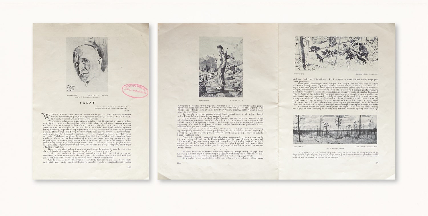 Wybrane strony z czasopisma „Sztuki Piękne” R. 2 1925/1926, nr 7 dotyczące twórczości Juliana Fałata, zawierające tekst krytyczny M. Tretera i reprodukcje prac malarza